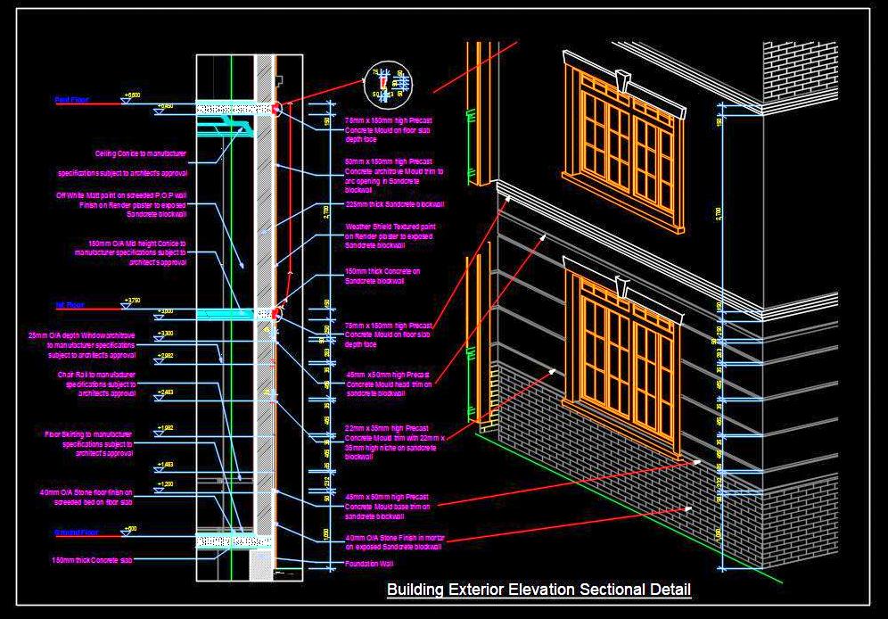 Building Exterior Elevation DWG- Stone & Textured Paint